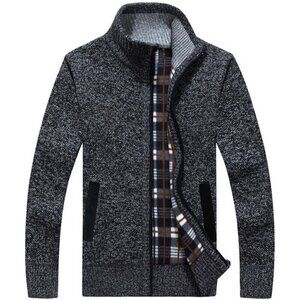Men Deep-Grey Casual Slim Full Zip Knited Polyester Cardigan Sweater with Pocked
